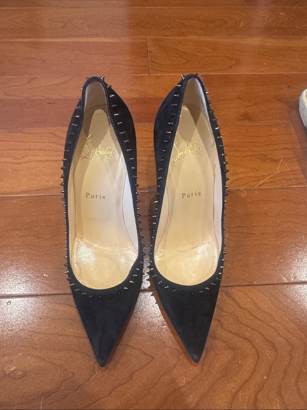 Christian Louboutin Black Suede Pointed Spike-Trim Pumps
